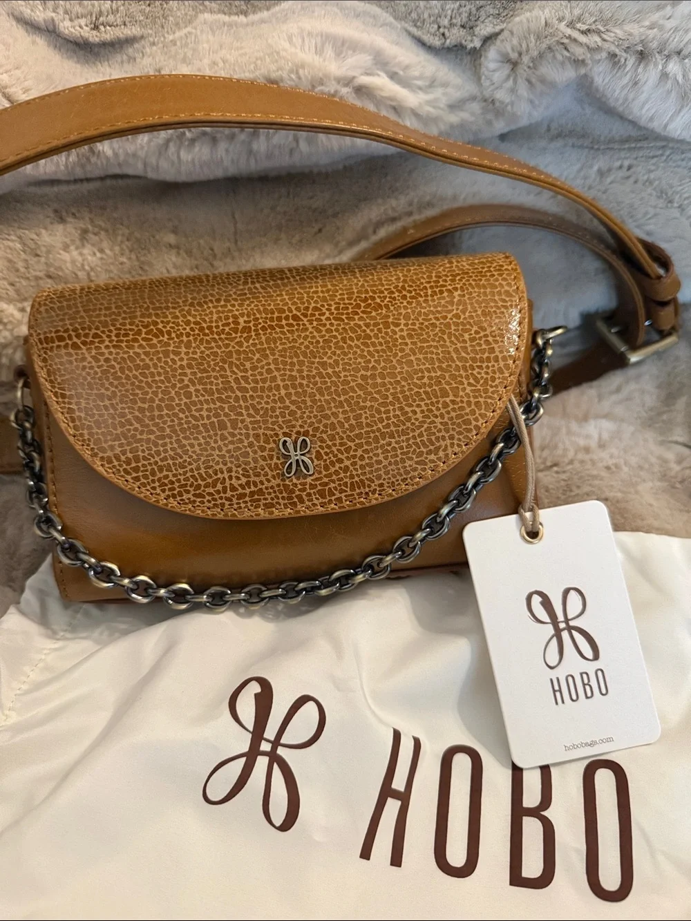 HOBO Cognac Textured Leather Belt Bag with Chain Accent